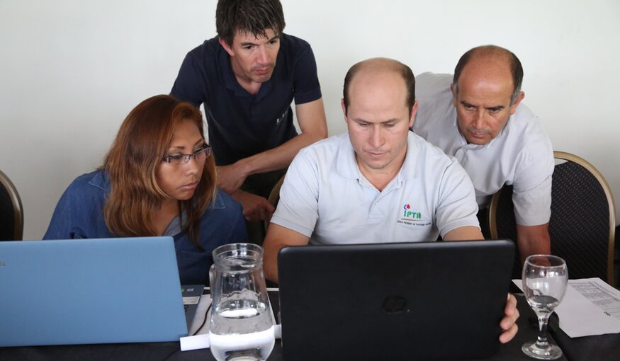 “Genetic resources safeguarded in a genebank are useful only if they are accompanied by data that is easy to access and can be trusted,” says Juan Carlos Alarcón, the GRIN-Global Frontrunner, who is pictured here far right with representatives from (L to R) Bolivia, Uruguay and Paraguay. “The management of information is indispensable to safeguard the diversity of our crops. And, more importantly, to make it available to potential users.”