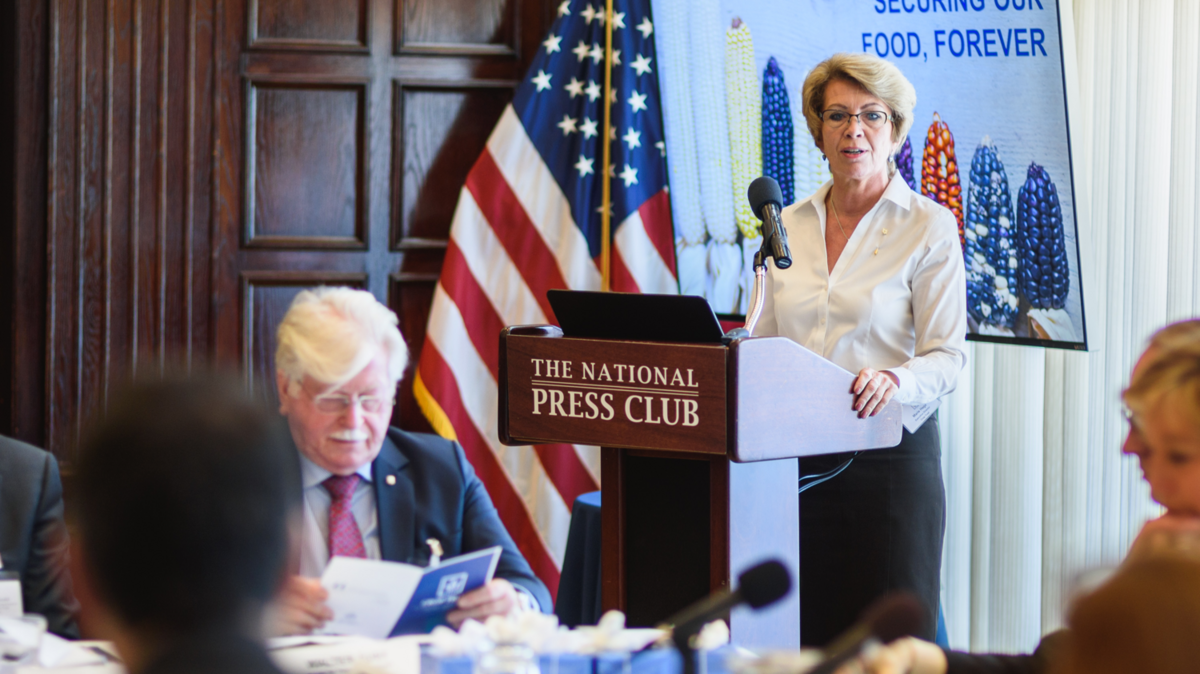 Marie Haga speaking at the Crop Trust’s International Pledging Conference in Washington D.C. The Pledging Conference brought together representatives from governments, private organizations and multi-lateral institutions from around the world to make a joint commitment to combat world hunger by safeguarding crop diversity.
