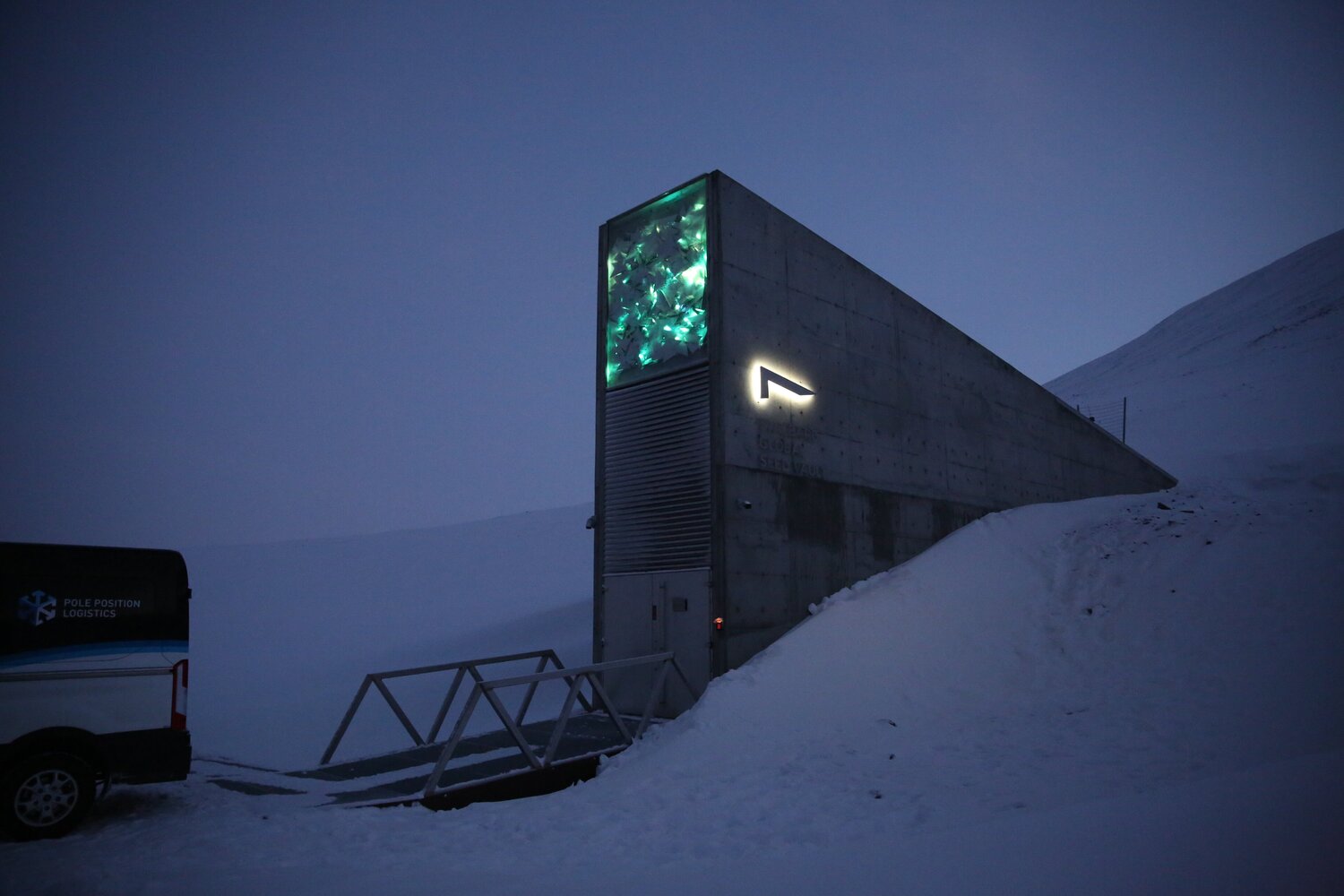Night shot of Svalbard Seedvault