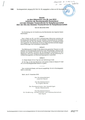 Crop Trust Headquarter Agreement