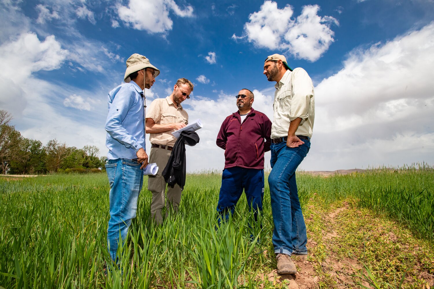 Visit to the farm of Haddou Aaziz (second from right) near Guigou, Morocco in the Atlas Mountains. Haddou is a participant of the DIIVA project. Photo: Michael Major/Crop Trust
