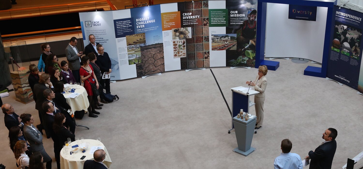 Marie Haga speaks to the audience about importance of crop diversity at the opening of the Crop Trust Exhibit in the European Parliament. 