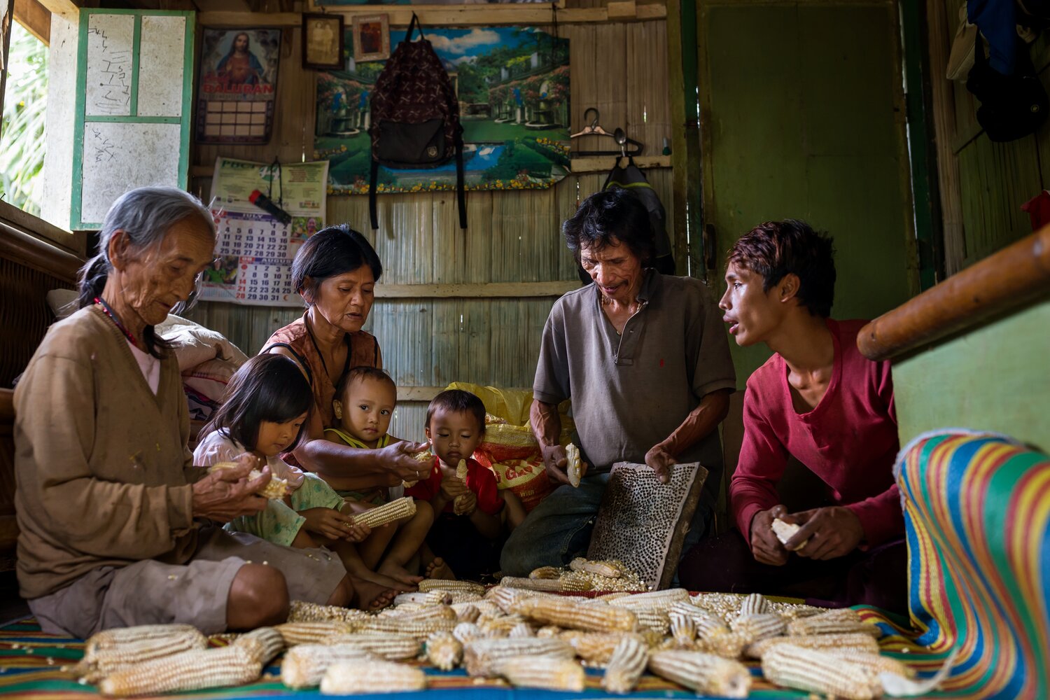 Herminia Dajao, 86, and her family, prepare corn for milling in her family home in Pueblo Antonia, Davao. Maize is an especially traditional crop in Davao. Its history goes back to the galleon trade between Spanish colonies nearly 500 years ago, when ships carried seeds across the Pacific Ocean from Mexico. Those seeds became the basis for uniquely Filipino maize diversity that farmers shared, bred, and handed down through the centuries.