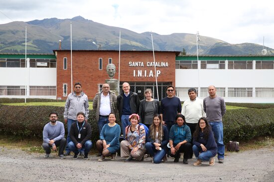 BOLD colleagues, including national experts from INIAP, pose for a group photo in front of the INIAP experimental station in Santa Catalina, Ecuador