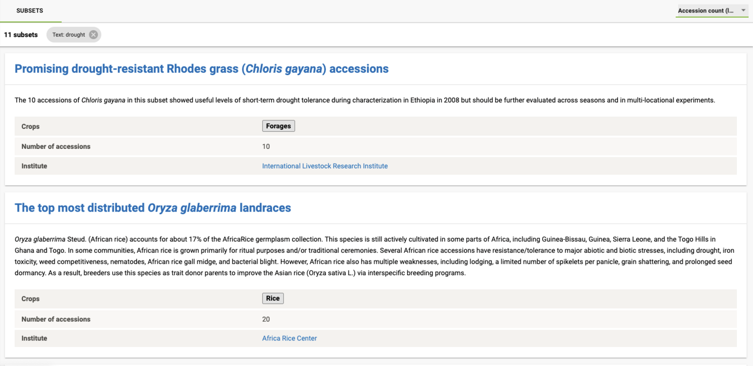 “Creating a subset is like telling a story,” Matija said. “Curators have a lot of stories about accessions in their collection, and we try to document and share those as subsets. Screenshot: Genesys
