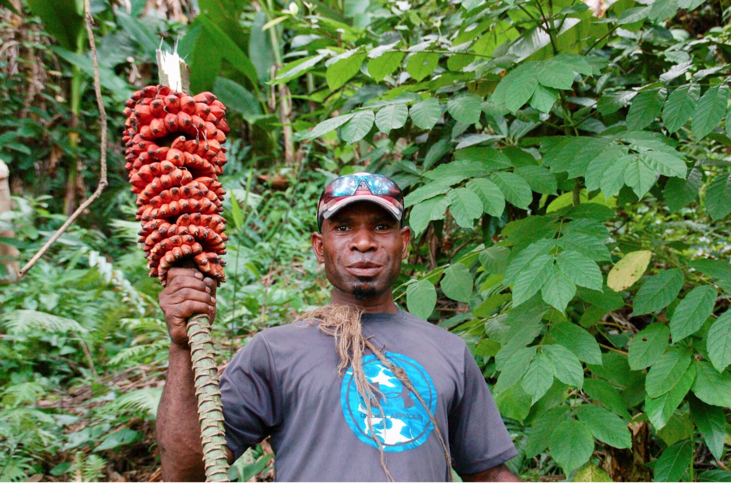 Local farmer holding bunch of bananas. 