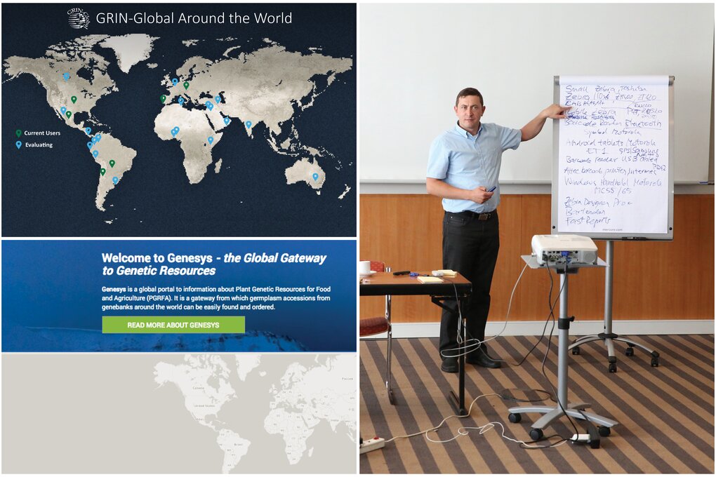 Top left: Map of current users and evaluators of GRIN-Global; Bottom left: Visual update of the Genesys portal page; Right: Barcoding workshop in Berlin, Germany, June 2016 