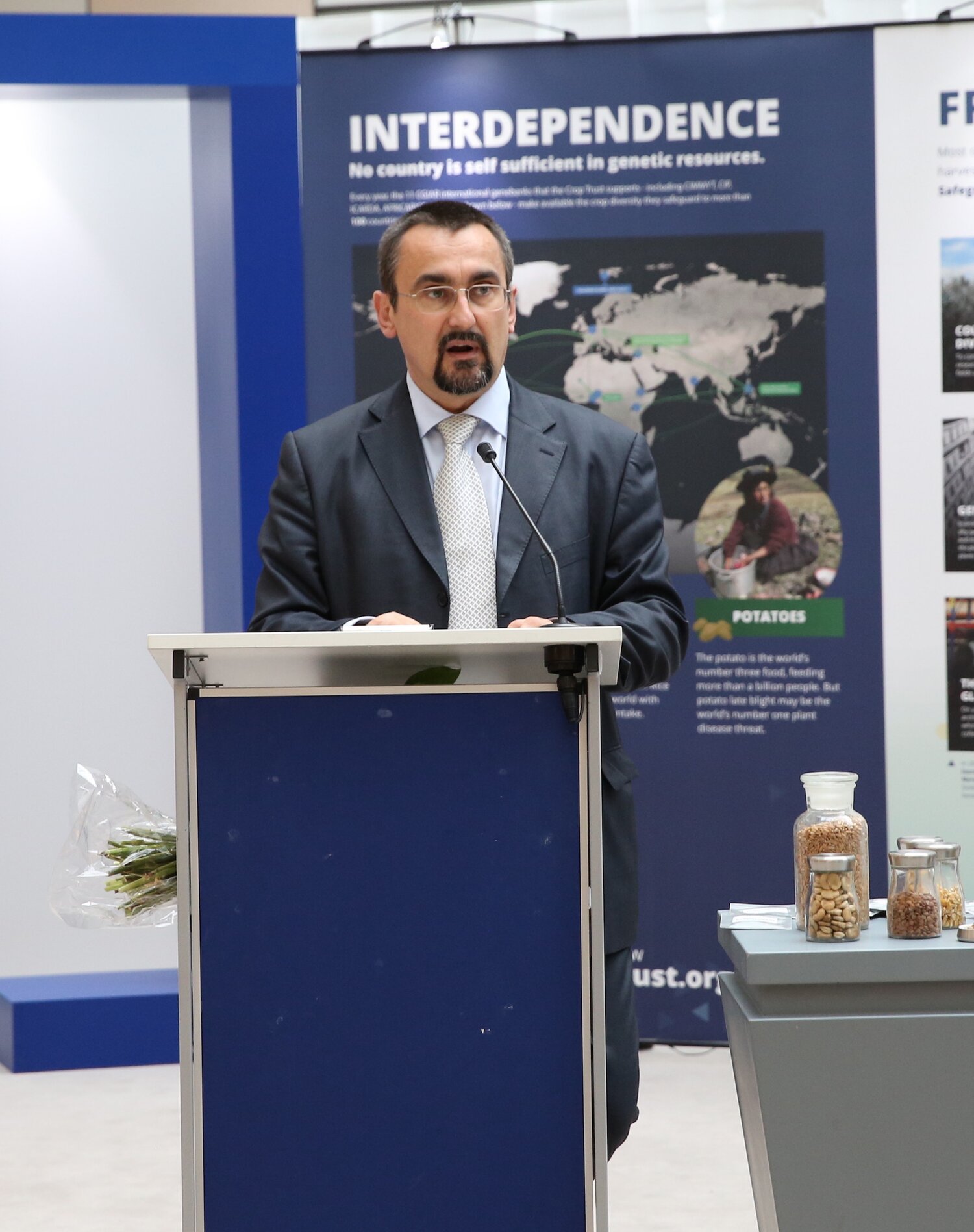 MEP Pavel Poc speaks at opening of Crop Trust Exhibit at the European Parliament.