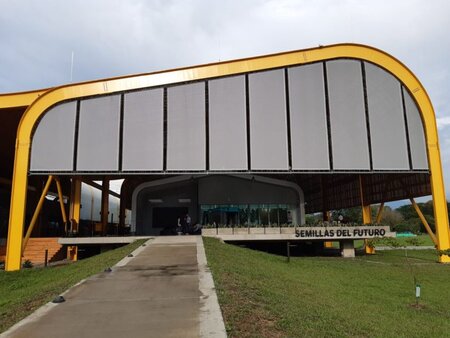 The new germplasm bank Seeds of the Future, inaugurated on Mar. 16 in Palmira, in the southwestern Colombian department of Valle del Cauca, has eco-technologies such as rainwater harvesting, a water recycling system and solar panels. CREDIT: Emilio Godoy/IPS