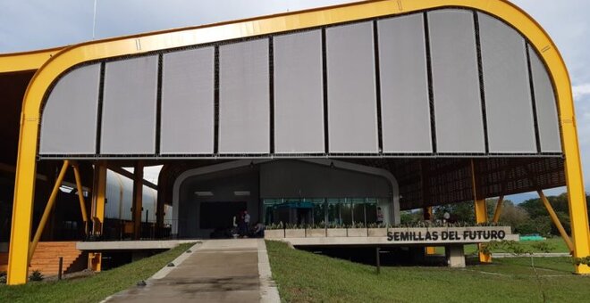 The new germplasm bank Seeds of the Future, inaugurated on Mar. 16 in Palmira, in the southwestern Colombian department of Valle del Cauca, has eco-technologies such as rainwater harvesting, a water recycling system and solar panels. CREDIT: Emilio Godoy/IPS