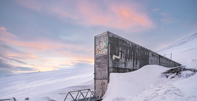 The Svalbard Global Seed Vault at dawn. Photo: Mike Major/Crop Trust
