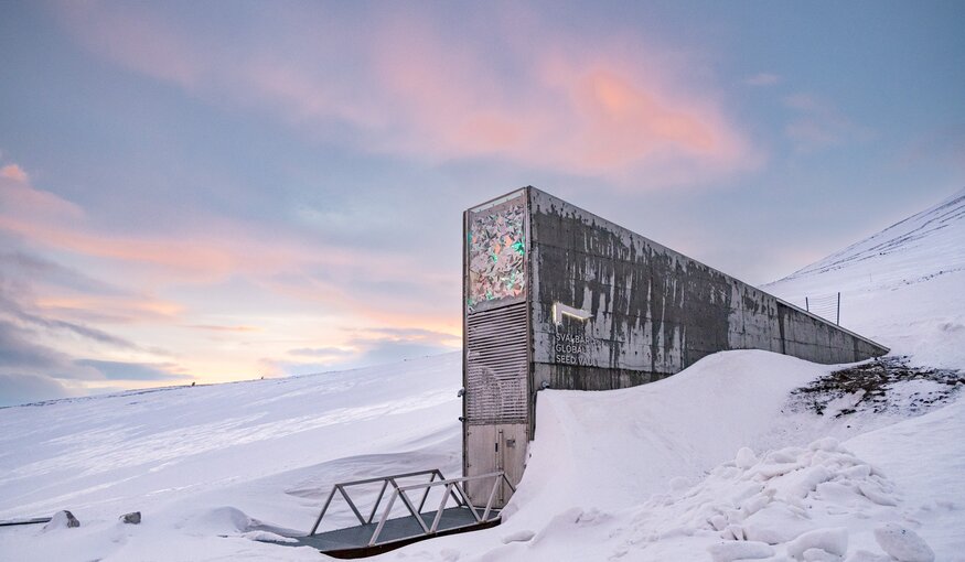 The Svalbard Global Seed Vault at dawn. Photo: Mike Major/Crop Trust