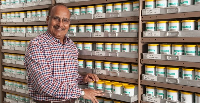 Dr. Upadhyaya standing in front of genebank seed collection.
