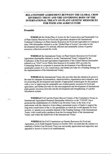 Relationship Agreement: Governing Body of the Plant Treaty