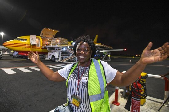 Marie-Noelle Ndjiondjop, genebank manager at AfricaRice, is happy to see the boxes of rice samples as they arrive at Abidjan International Airport