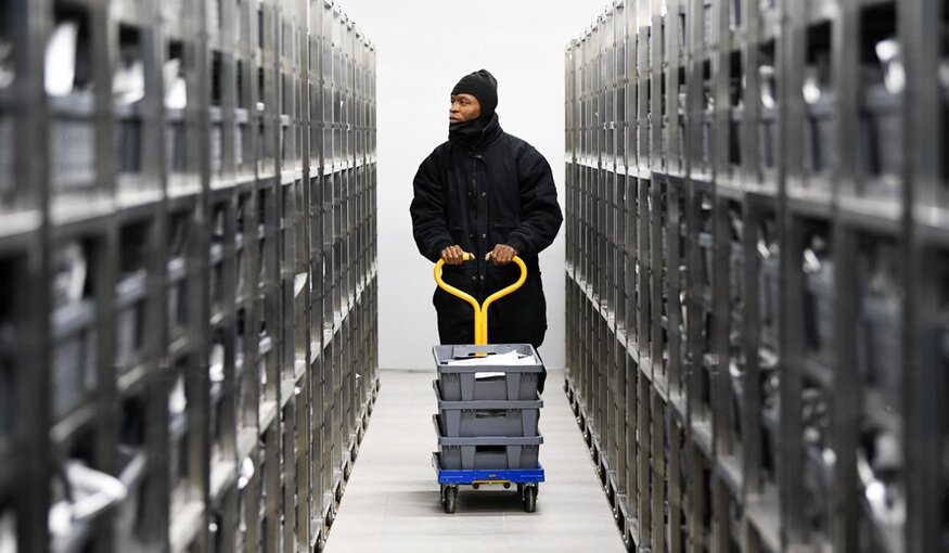 A genebank worker wheels seeds through the AfricaRice genebank in Côte d’Ivoire, where the largest collection of African rice varieties in the world is safeguarded. Photo: Neil Palmer/Crop Trust