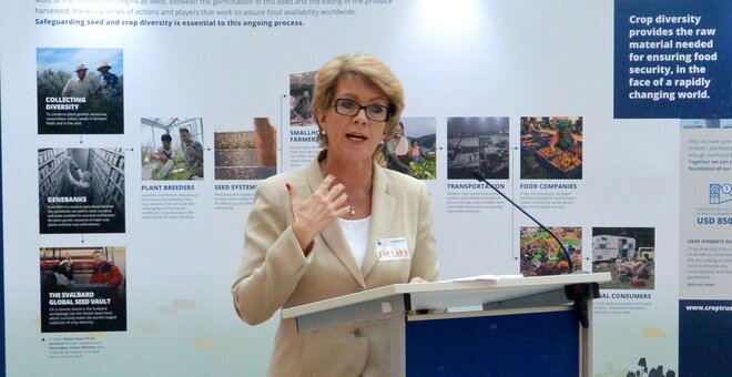 Marie Haga at the European Parliament Crop Trust exhibit