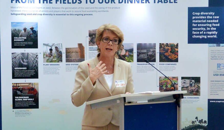 Marie Haga at the European Parliament Crop Trust exhibit