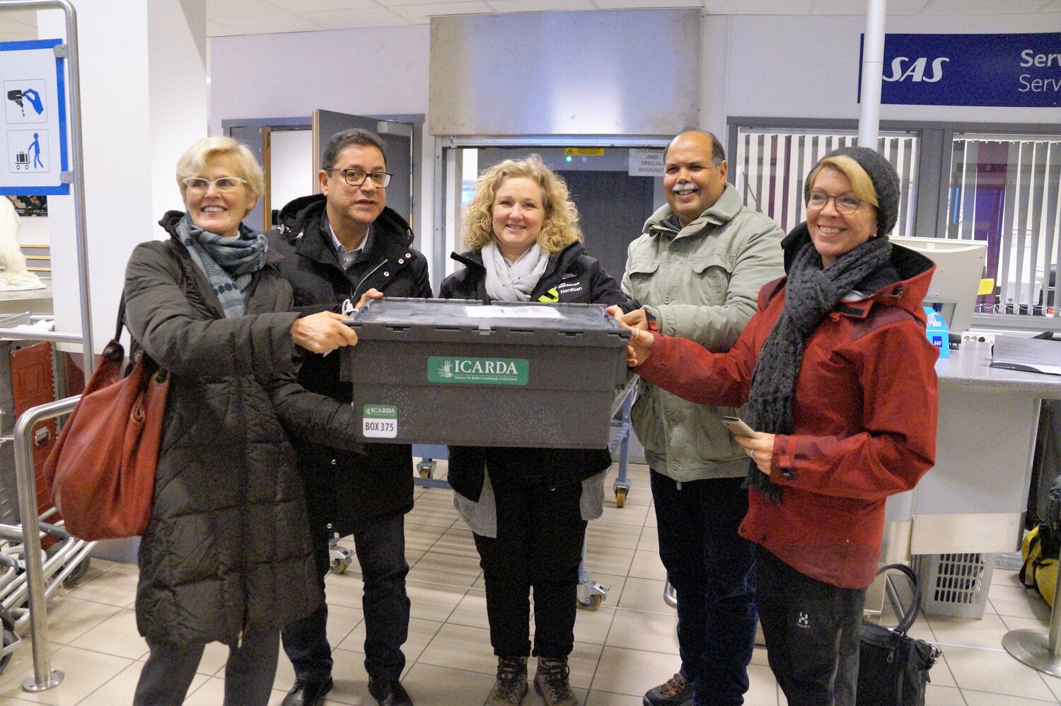 (Right to Left) Marie Haga, Crop Trust Executive Director with Dr. Ahmed Amri, ICARDA's Head of Genetic Resources; Lise Lykke Steffenson, Director of NordGen; Aly Abousabaa, ICARDA Director General and Margret Thalwitz, ICARDA Board Chair with ICARDA's seeds at the Longyearbyen airport. Photo: Andrea Gros, ICARDA