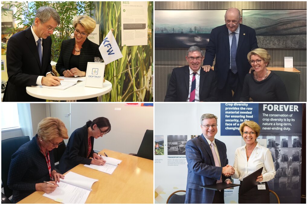 Top left: Signing of the BMZ and KFW Donation to Crop Trust, January 2016; Top right: Signing of the Australian DFAT contribution to the Crop Trust, November 2016; Bottom left: Signing of the New Zealand DFAT contribution to the Crop Trust, November 2016; Bottom right: Signing of the DuPont Pioneer contribution agreement at the Crop Trust’s International Pledging Conference, April 2016