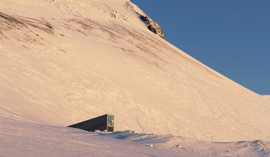 The entrance to the Svalbard Global Seed Vault emerges from the mountainside. Photo: Mari Tefre/Crop Trust