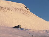 The entrance to the Svalbard Global Seed Vault emerges from the mountainside. Photo: Mari Tefre/Crop Trust