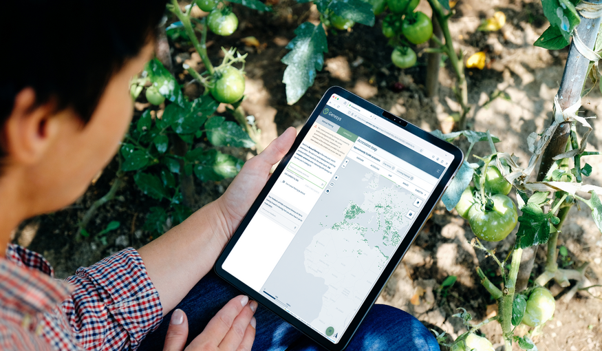 man looking at an ipad screen that shows a map of seed accessions
