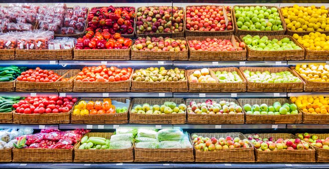 Fresh fruits and vegetables on shelf in supermarket. For healthy concept