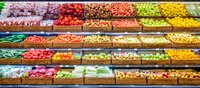 Fresh fruits and vegetables on shelf in supermarket. For healthy concept