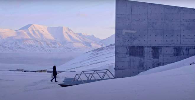 Person approaching Svalbard Global Seed Vault