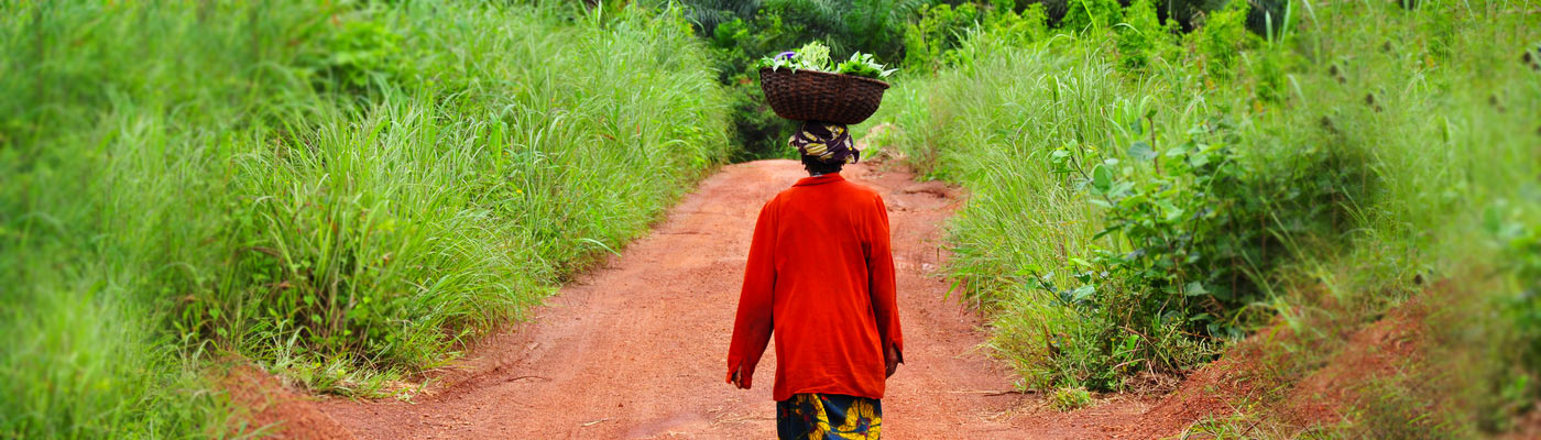 Woman carrying crop on her head while walking down open road
