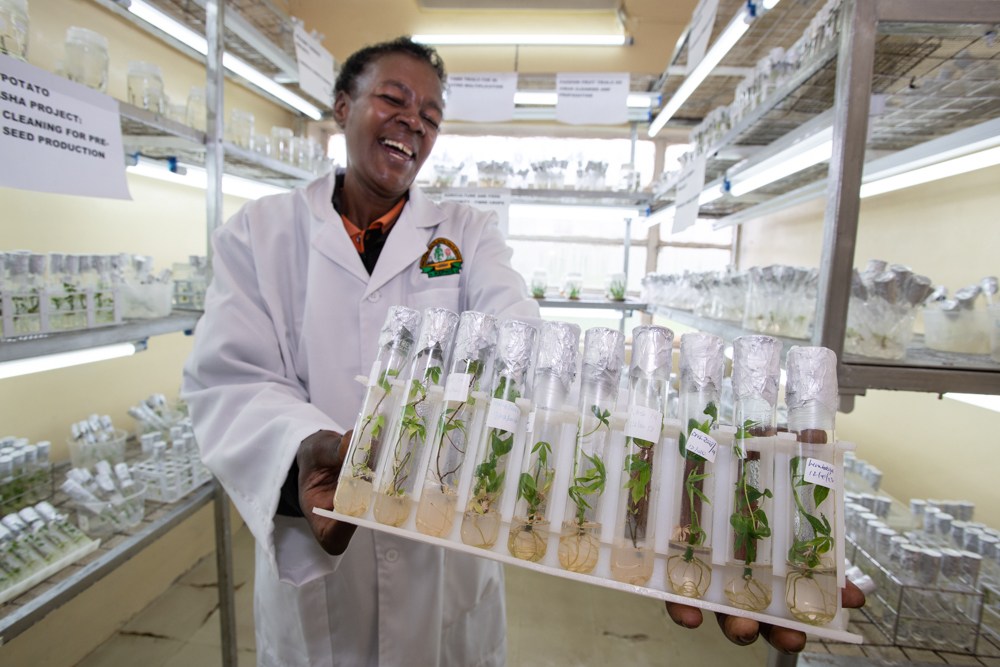 Woman holding rack of test tubes.