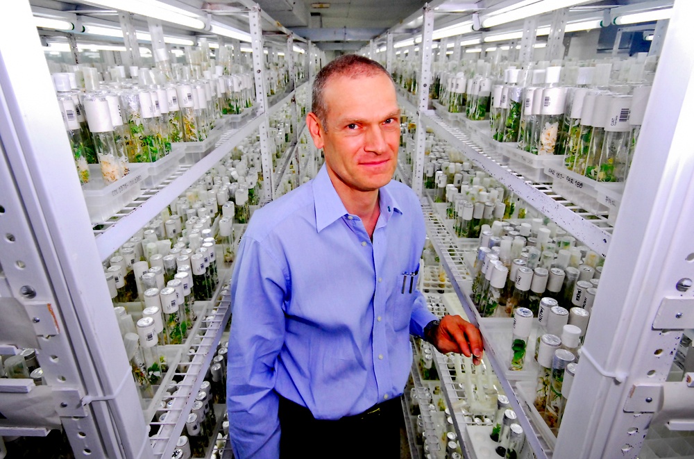 Dr. Debouck standing in front of in vitro collection at a genebank. 
