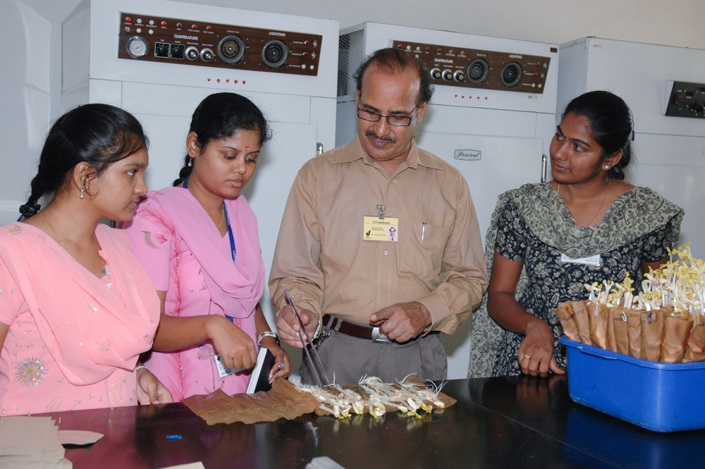 Dr. Upadhyaya teaching three students.