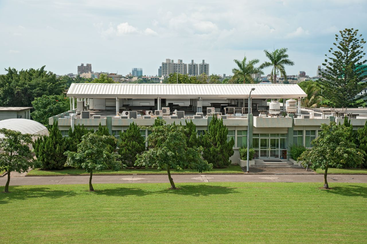 White building behind a row of trees. 