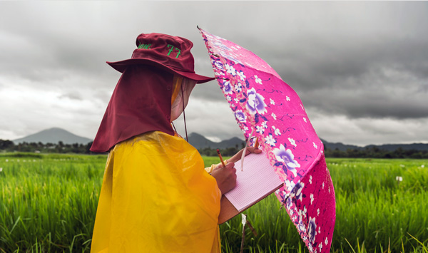 Person in field with umbrella and clipboard