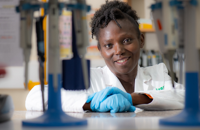 ICRISAT’s Dr. Damaris Odeny focuses on genotyping finger millet samples. Photo: Michael Major/Crop Trust